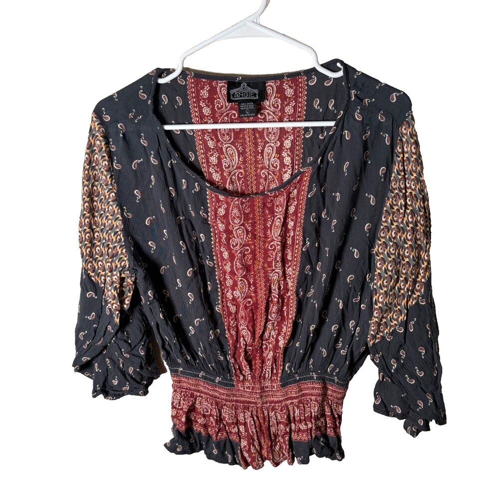 Angie Blouse Women's Large 3/4 Sleeve Round Neck Boho Casual Shirt Top